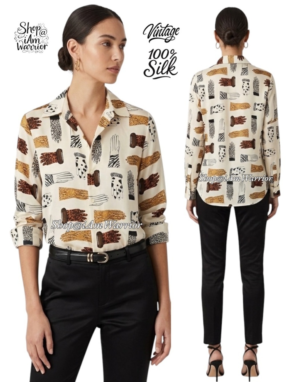 Vintage 100% Silk Glove Leopard Zebra Button Front Print Blouse *shop@iamwarrior